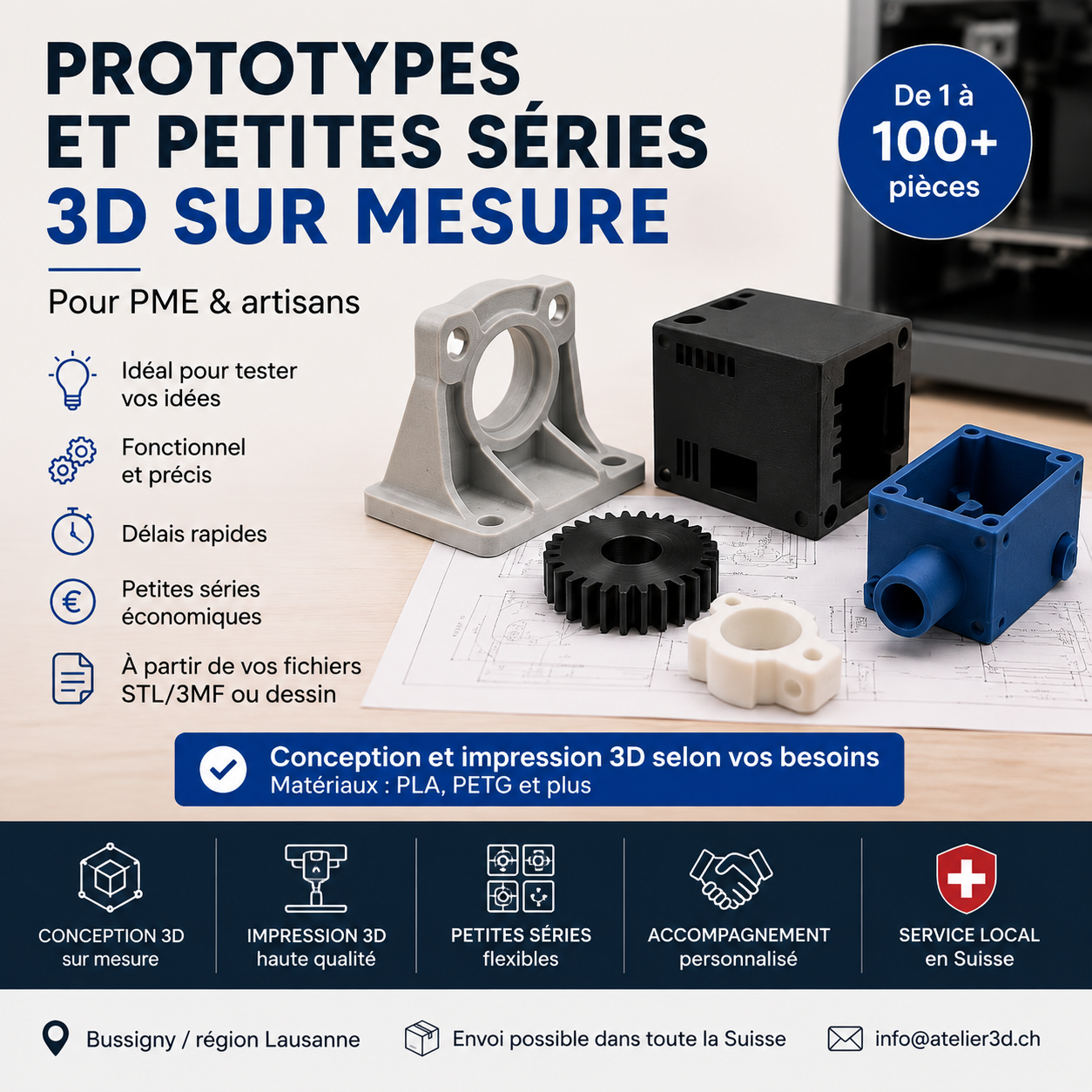 Pièces techniques et prototypes imprimés en 3D par Atelier3D